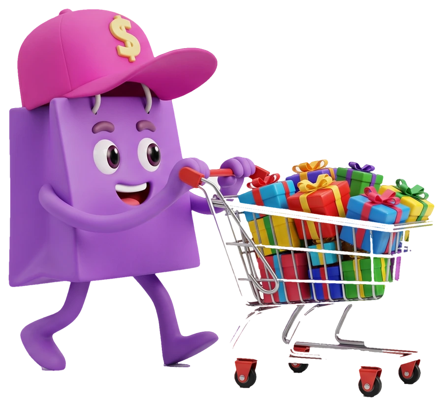 Prixio empujando un carrito lleno de regalos
